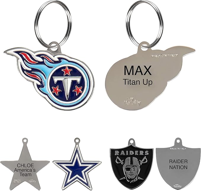 NFL Tennessee Titans Engraving Pet ID Tags in 32 Team Logo Shapes Personalized Dog Tags and Cat Tags with 3 Lines of Customizable Text for Tracking & Safety. Stainless Steel Pet ID Tracking Tags