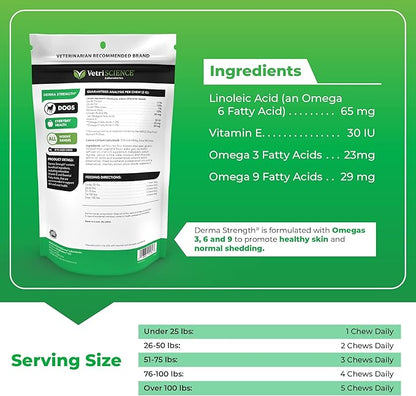 VetriScience Derma Strength Healthy Skin and Coat Chews with Omega 3, 6 and 9 for Dogs, 70 Chews - Can Reduce Shedding and Support Skin Health