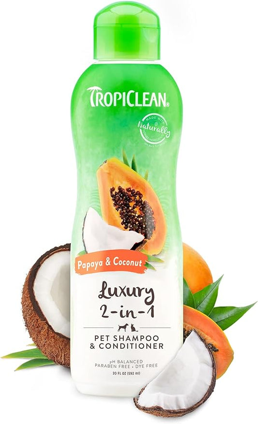 TropiClean 2-in-1 Papaya & Coconut Dog Shampoo and Conditioner | Natural Pet Shampoo Derived from Natural Ingredients | Cat Friendly | Made in the USA | 20 oz.