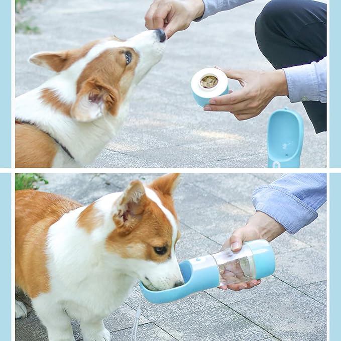 Outdoor Dog Water Bottle Dispenser - Leak Proof Water Bottle for dogs On The Go with Food Container Multifunctional Travel Dog Water Bottle（Blue）