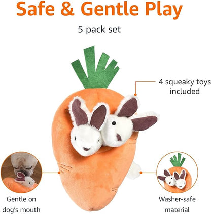 Amazon Basics Hide and Seek Squeaky Dog Plush Toy, Rabbit and Carrot, Orange and white, 5 Pack