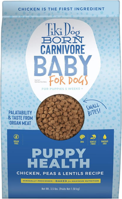 Tiki Dog Born Carnivore Baby for Dogs, Chicken, Peas and Lentils Recipe, Grain-Free Dry Dog Food Baked with Fresh Meat & Superfoods, For Puppies 5 weeks and older, 3.5 lbs. Bag - SKU 10864