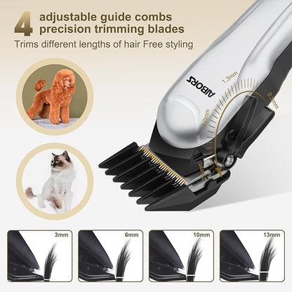 Dog Clippers for Grooming Low Noise Rechargeable Cordless Pet Hair Grooming Clippers, Professional Heavy Duty Dog Grooming Kit Dog Trimmer Shaver for Dogs Cats Pets (Silver)