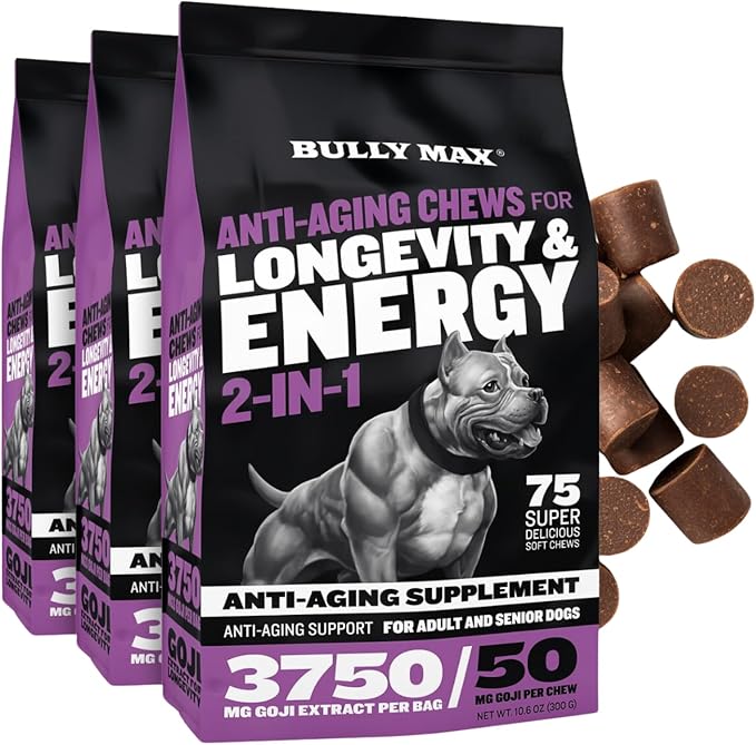 Bully Max 2-in-1 Anti-Aging Multivitamin Chews - Senior Dog Food Supplement for Vitality, Immunity, Joint Support with Postbiotics - Adult Dog Vitamins - 3 Packs, 75 Tasty Soft Chews per Pack