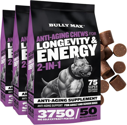 Bully Max 2-in-1 Anti-Aging Multivitamin Chews - Senior Dog Food Supplement for Vitality, Immunity, Joint Support with Postbiotics - Adult Dog Vitamins - 3 Packs, 75 Tasty Soft Chews per Pack