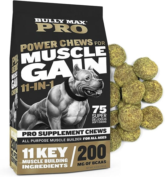 Bully Max 11-in-1 Muscle Gain Power Chews - High Protein Dog Food Health Supplement for Puppy and Adult Dogs | Premium Muscle Builder for All Breeds with Natural Ingredients - 75 Tasty Soft Dog Chews