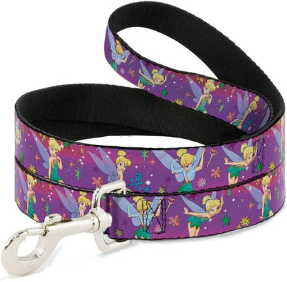 Buckle-Down Pet Leash - Tinker Bell Poses/Flowers/Stars/Skull Purple - 6 Feet Long - 1/2" Wide