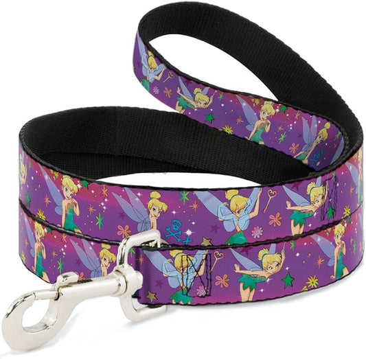 Buckle-Down Pet Leash - Tinker Bell Poses/Flowers/Stars/Skull Purple - 6 Feet Long - 1/2" Wide