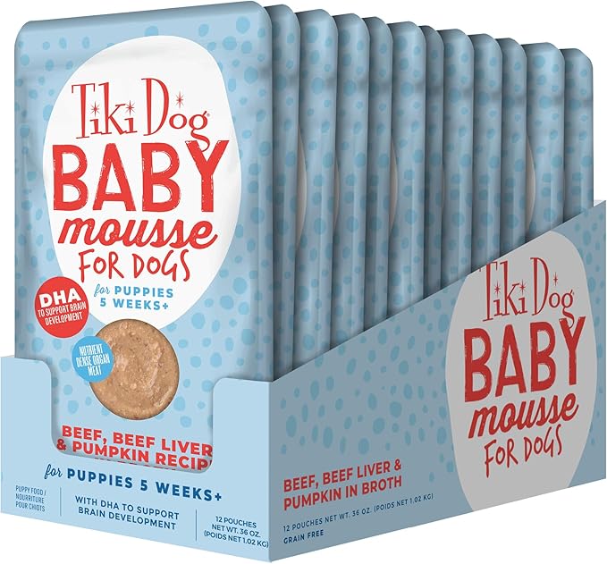 Tiki Dog Baby Mousse Wet Dog Food for Puppies, Beef & Beef Liver, 3 oz. Pouch (12 Count)