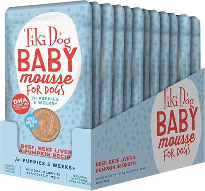 Tiki Dog Baby Mousse Wet Dog Food for Puppies, Beef & Beef Liver, 3 oz. Pouch (12 Count)