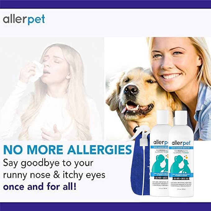 Allerpet Dog Dander Remover w/Free Applicator Mitt & Sprayer - Best Pet Dander Remover for Allergens - for Canine Dry Skin Treatment - Good for Fur & Skin - 2 Pack (12oz)