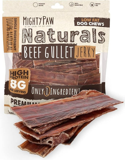 Mighty Paw Naturals Beef Gullet Jerky for Dogs | 100% Natural Dog Jerky Treats for Large Dogs, Medium Pets & Small Breeds. Healthy Beef Jerky Dog Treats. Dog Treats Jerky Strips 14oz