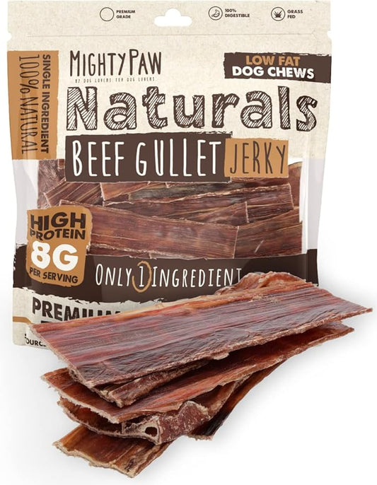 Mighty Paw Naturals Beef Gullet Jerky for Dogs | 100% Natural Dog Jerky Treats for Large Dogs, Medium Pets & Small Breeds. Healthy Beef Jerky Dog Treats. Dog Treats Jerky Strips 14oz