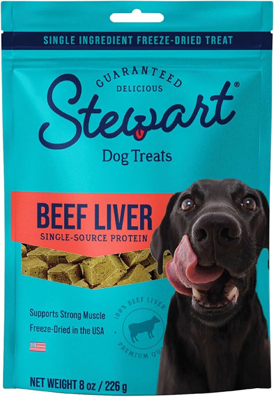 Stewart Freeze Dried Dog Treats, Beef Liver, 8 oz, Grain Free & Gluten Free, Resealable Pouch, Single Ingredient, training treat in Beef Liver, Salmon, Chicken Liver & Chicken Breast 4, 14, 21 oz