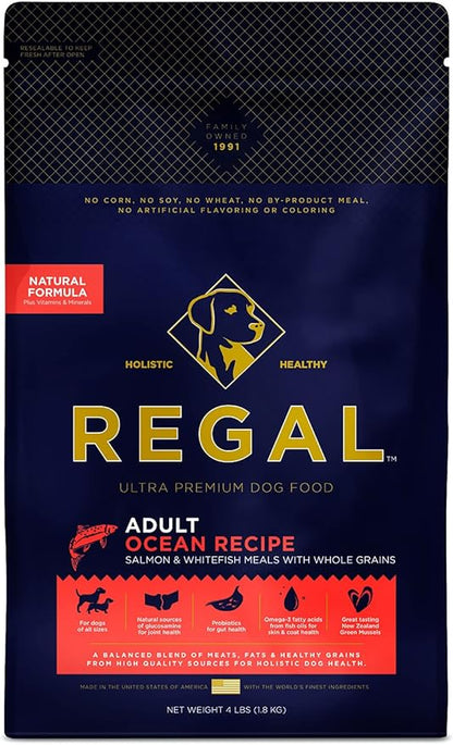 Adult Ocean Recipe (Salmon) All Natural, Slow Cooked Whole Grain Dry Dog Food for All Breeds and Sizes of All Life Stages - Made in The USA, 4 LB Bag