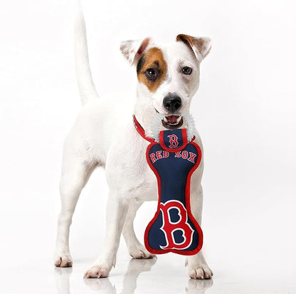 MLB Boston Red Sox Bone Shaped Dental Dog TUG Toy with Squeaker. Tough PET Toy for Healthy Fun, Teething, and Cleaning pet's Teeth and Gum.