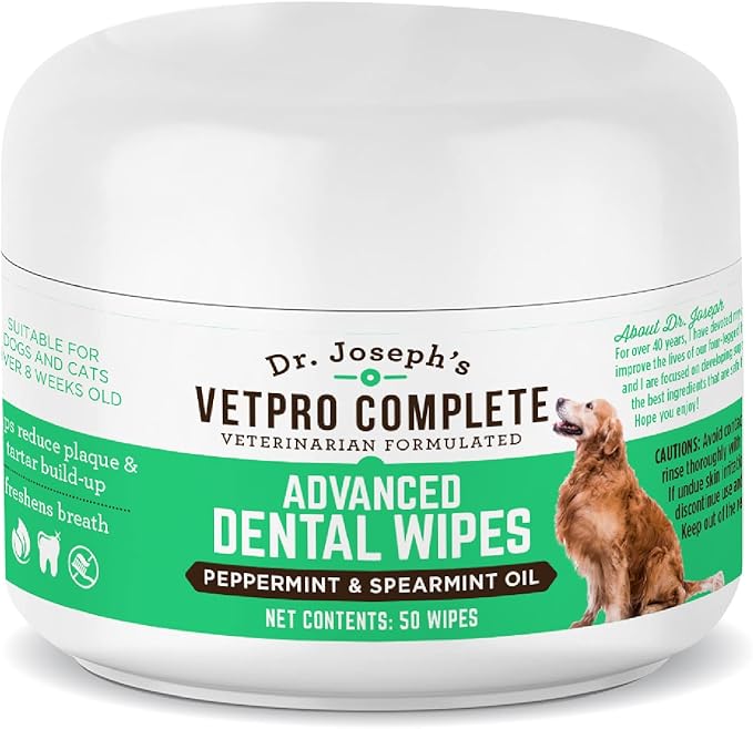 Dr. Joseph’s VetPro Advanced Dog Dental Wipes, 50 Count, Easy Teeth Cleaner for Dogs and Cats with Peppermint and Spearmint, Freshens Breath, Reduces Tartar