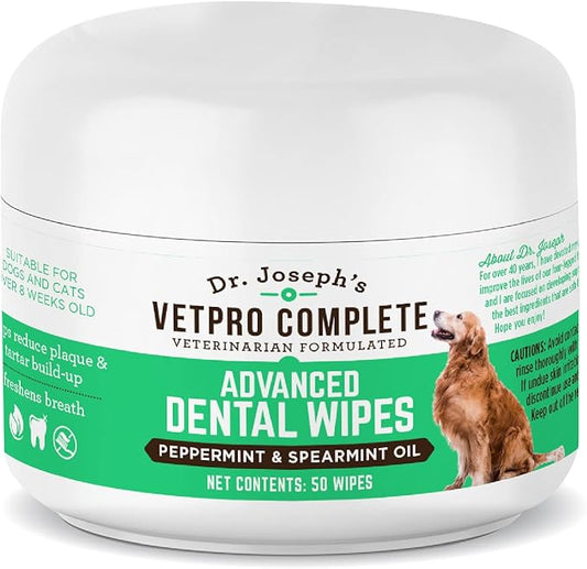 Dr. Joseph’s VetPro Advanced Dog Dental Wipes, 50 Count, Easy Teeth Cleaner for Dogs and Cats with Peppermint and Spearmint, Freshens Breath, Reduces Tartar