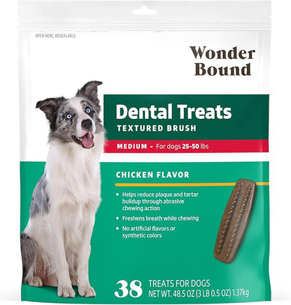Amazon Brand - Wonder Bound Dog Dental Treats for Medium Dogs (25-50 lbs), Real Chicken Flavor, Nubbed Texture for Plaque & Tartar Control, Freshens Breath While Chewing, 38 Count