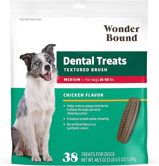 Amazon Brand - Wonder Bound Dog Dental Treats for Medium Dogs (25-50 lbs), Real Chicken Flavor, Nubbed Texture for Plaque & Tartar Control, Freshens Breath While Chewing, 38 Count