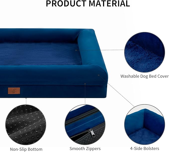 Large Dog Bed, Orthopedic Dog Bed, Waterproof Dog Bed with Removable Cover, 4-Sides Removable Bolster Dog Soft Sofa Bed with Nonskid Bottom, Washable Dog Beds for Large Dogs, Rich Blue