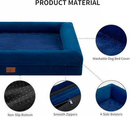 Large Dog Bed, Orthopedic Dog Bed, Waterproof Dog Bed with Removable Cover, 4-Sides Removable Bolster Dog Soft Sofa Bed with Nonskid Bottom, Washable Dog Beds for Large Dogs, Rich Blue