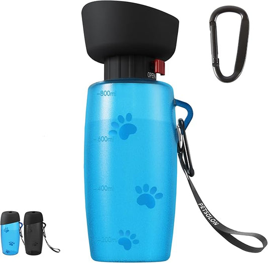 Dog Water Bottle, 28 oz Large Dog Water Dispenser with Bowl, Portable Pet Water Dispenser for Boy & Girl Dog, Travel Dog Water Bottle, Flippable Cup, Food Grade Material, Leak Proof, Blue
