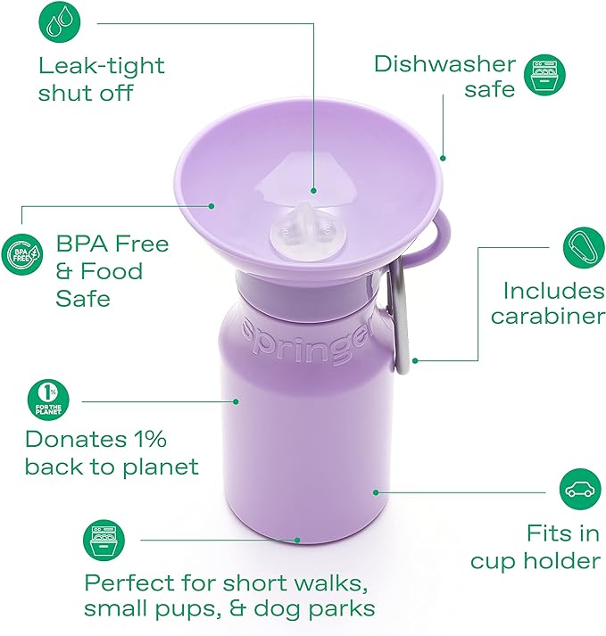 Springer Dog Water Bottle | Portable Travel Water Bottle Dispenser for Dogs - As Seen on Shark Tank | Patented, Leak-Proof Bottles Fill Bowl with Water - Ideal for Walking | BPA-Free 15oz Lilac