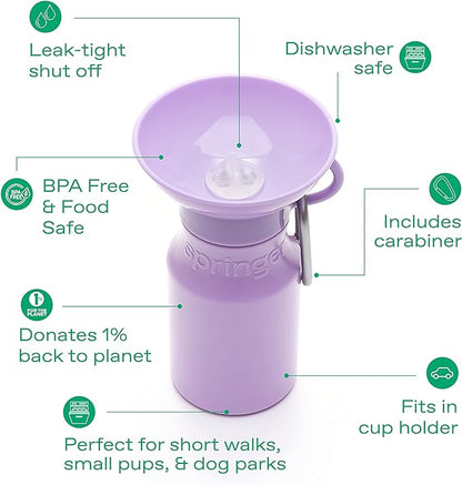 Springer Dog Water Bottle | Portable Travel Water Bottle Dispenser for Dogs - As Seen on Shark Tank | Patented, Leak-Proof Bottles Fill Bowl with Water - Ideal for Walking | BPA-Free 15oz Lilac