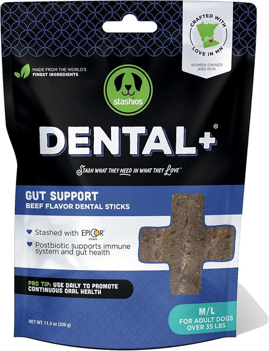 Dental+ Sticks for Dogs Over 35 lbs- Gut Support, with Beef Bone Broth, All Natural, EpiCor postbiotic, Made in The USA, Dental+ Bag, M/L - 11.3 oz.