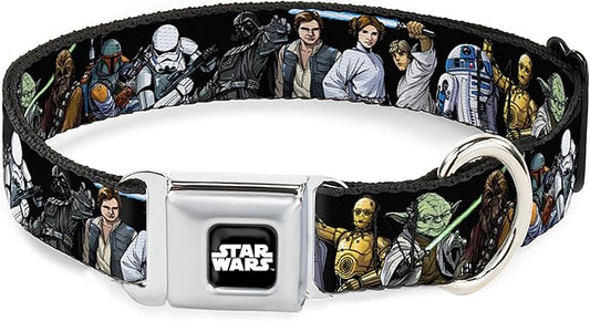 Star Wars Pet Collar, Dog Collar Metal Seatbelt Buckle, Star Wars Classic Character Poses Black, 13 to 17 Inches 1.5 Inch Wide