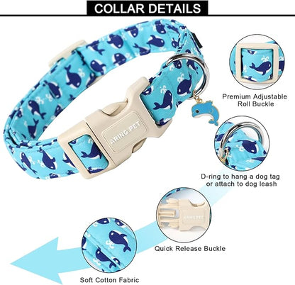 ARING PET Summer Dog Collar-Cute Blue Dog Collar for Small Dogs, Adjustable Cotton Whales Pet Collars Puppy Collar for Small Medium Large Dogs