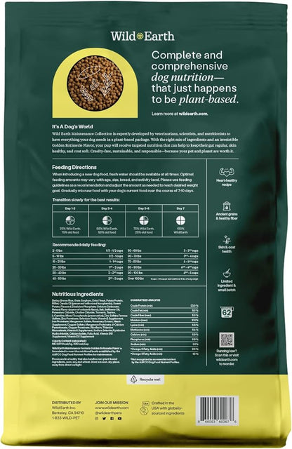 Wild Earth Vegan Dry Dog Food | Plant-Based Maintenance Formula | Vegetarian, Allergy Relief, Veterinarian-Developed for Complete Nutrition | Golden Rotisserie Flavor, 12.5 Pound Bag
