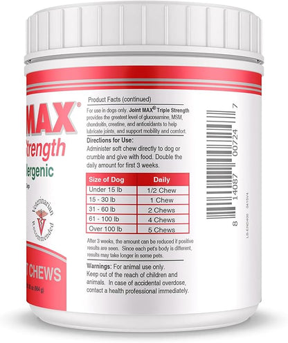 Triple Strength Hypo-Allergenic Soft Chews for Dogs - Hip and Joint Support Supplement with Glucosamine, Chondroitin, & MSM - Made in The USA - 120 Soft Chews