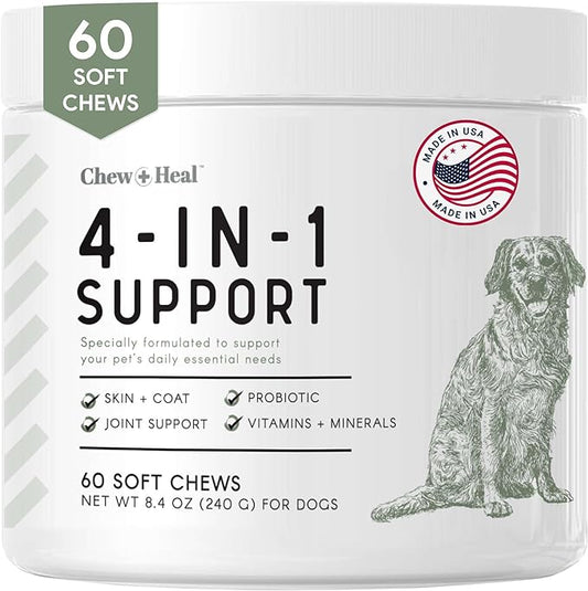 Chew + Heal All in 1 Dog Vitamin - 60 Soft Chew Treats - Chewable Multivitamin with Probiotics, Digestive Enzymes, for Skin and Coat, Hip and Joint Support - with Omega, Calcium - Made in The USA