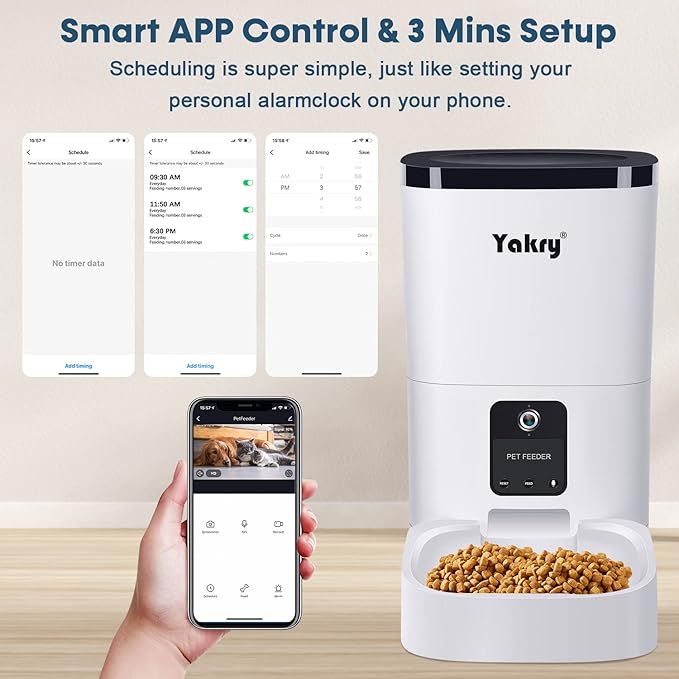 Yakry Automatic Dog Feeder with Camera - 6L/25 Cups Smart Cat Feeder with Timer 2-Way Audio HD 1080P Cam Night Vision - 2.4G WiFi Pet Food Dispenser with App Control