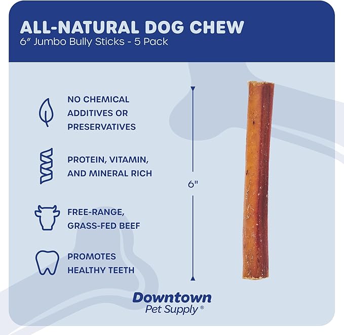 Downtown Pet Supply Bully Sticks for Dogs (6", 5-pack, Jumbo) Non-GMO, Grain Free, Rawhide Free Dog Chews Long Lasting Pizzle Sticks - Low Odor Bully Sticks for Large Dogs
