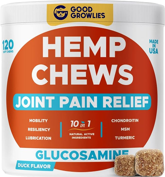 Hemp Hip & Joint Supplement for Dogs - Made in USA - Glucosamine - MSM - Turmeric - Hemp Seed Oil Infused Treats - Natural Joint Pain Relief & Mobility - 120 Soft Chews