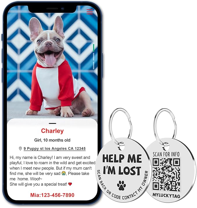 MYLUCKYTAG Stainless Steel QR Code Pet ID Tags Dog Tags - Pet Online Profile - Scan QR Receive Instant Pet Location Alert Email