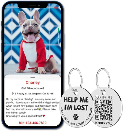 MYLUCKYTAG Stainless Steel QR Code Pet ID Tags Dog Tags - Pet Online Profile - Scan QR Receive Instant Pet Location Alert Email