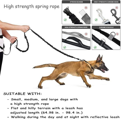 Waist Leash for Dog Walking - Hands Free Dog Leash with Multi Pouches, Wide Back Support Belt Bungee Dog Leash, Dog Waist Belt Leash for Walking, Running, Hiking, Training (Gray)