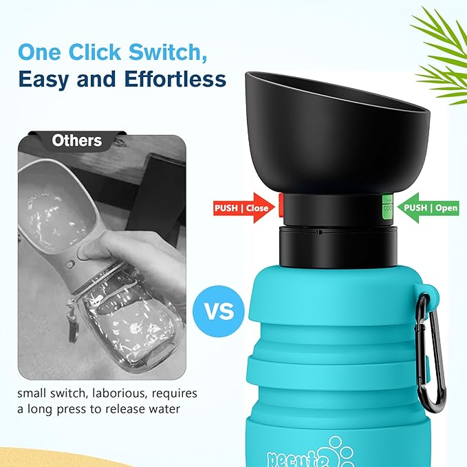 Pecute Dog Water Bottle Portable, 29oz Dog Foldable Water Bottle with Folding Bowl, Carabiner Clip, 5 Levels Capacity, 100% Food Grade Silicone, Dog Water Bottle for Outdoor Walking, Hiking, Travel
