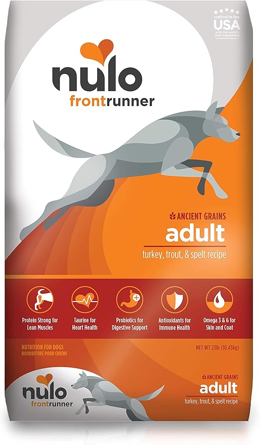 Nulo Frontrunner Dry Dog Food for Adult Dogs - Grain Inclusive Recipe with Turkey, Trout, & Spelt - All Natural Pet Foods with High Taurine Levels - Animal Protein for Lean Strong Muscles