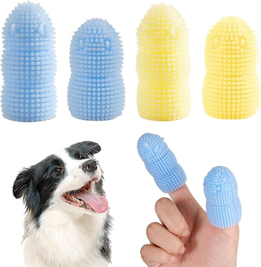 360 Round Dog Finger Toothbrush, Silicone Soft Bristle Dog Toothbrush for Teeth Cleaning,4 Pack Dog Tooth Brushing Kit for Small Medium Large Breed,Durable Toothbrush for Pet Dog Dental. (Blue/Yellow)