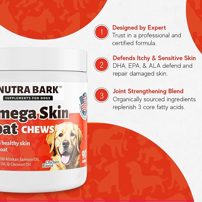 Omega Skin + Coat Chews for Dogs | with Wild Alaskan Salmon Oil | Flaxseed Oil | Coconut Oil | for Healthy Skin and Coat | Itch Relief for Dogs with Allergies | 90 Soft Chews