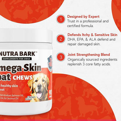 Omega Skin + Coat Chews for Dogs | with Wild Alaskan Salmon Oil | Flaxseed Oil | Coconut Oil | for Healthy Skin and Coat | Itch Relief for Dogs with Allergies | 90 Soft Chews