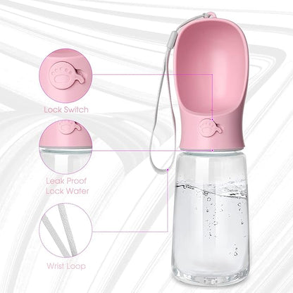 Kalimdor Dog Water Bottle, Leak Proof Portable Puppy bowl Water Dispenser with Drinking Feeder for Pets Outdoor Walking, Hiking, Travel, Food Grade Plastic (19oz Pink)