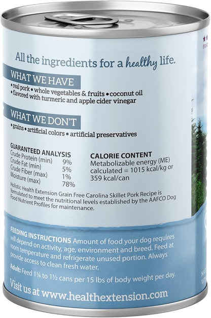 Health Extension Dog Food, Carolina Skillet Pork Recipe - 12.5 oz, Grain Free, Added Vitamins and Minerals, for All Life Stages, Vet Formulated, Improve Gut Health, Immune Support (Case of 12 Cans)