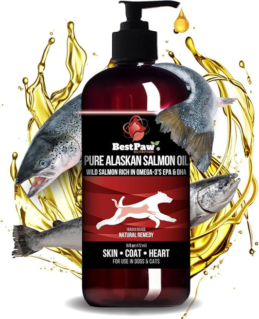 Pure Wild Alaskan Salmon Oil for Dogs & Cats Skin and Coat - Fish Oil Liquid with Pump - Supports Joint Function, Immune & Heart Health - Omega 3 Liquid Food Supplement - All Natural EPA + DHA - 16oz