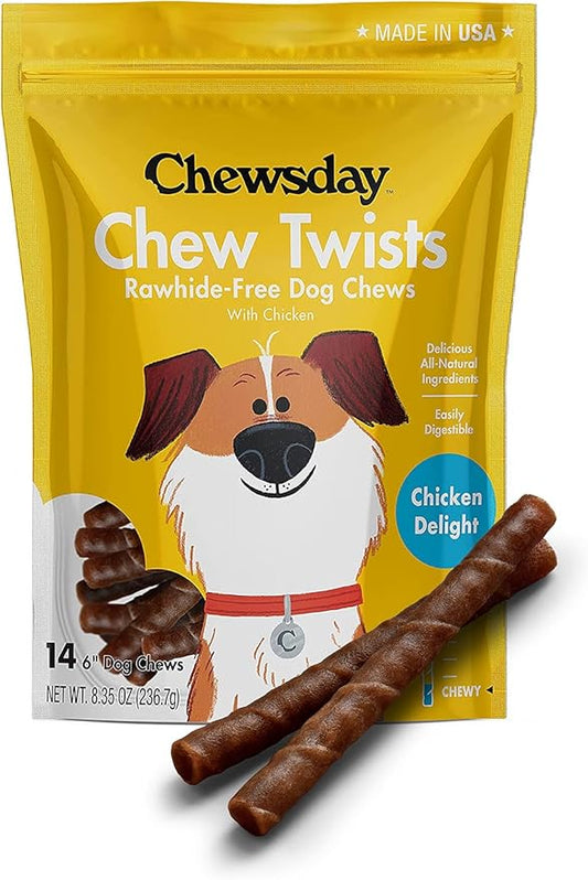 6-Inch Chewy Dog Chew Twists, Made in The USA, All Natural Rawhide-Free Highly-Digestible Treats, Chicken Delight - 14 Count